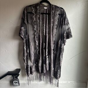Burnout Velvet Paisley Fringe Kimono Style Coverup‎ Boho, Whimsical One Size